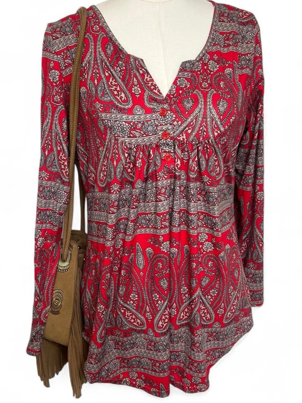 Red gray paisley print Y2K long sleeve blouse top school work fall business